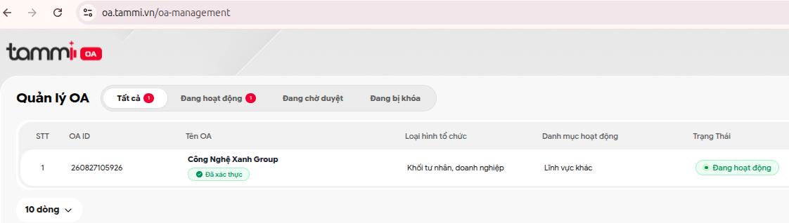 xác thực tài khoản TAMMI OA thành công